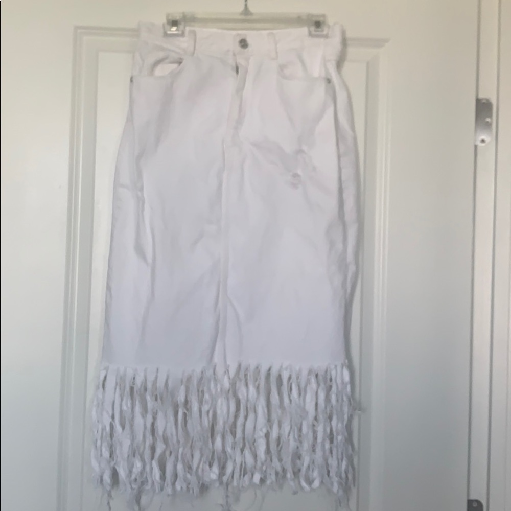 Distressed white jean skirt